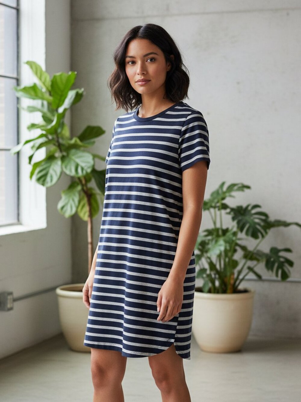 NEW Sonoma L Blue Gray Striped Jersey Knit Tee Dress Casual Minimalist Nautical